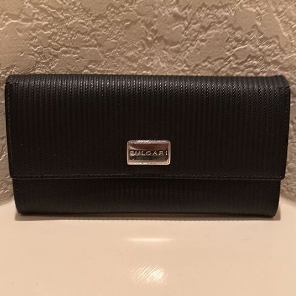 Bvlgari Foldover Long Wallet Black Textured Leather Multicompartment Travel - Picture 1 of 16